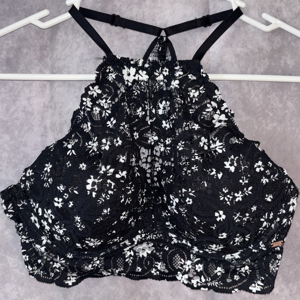 Pink Victorias Secret Women's  Small Halter Bralette Bra Padded Lace‎ Floral Blk